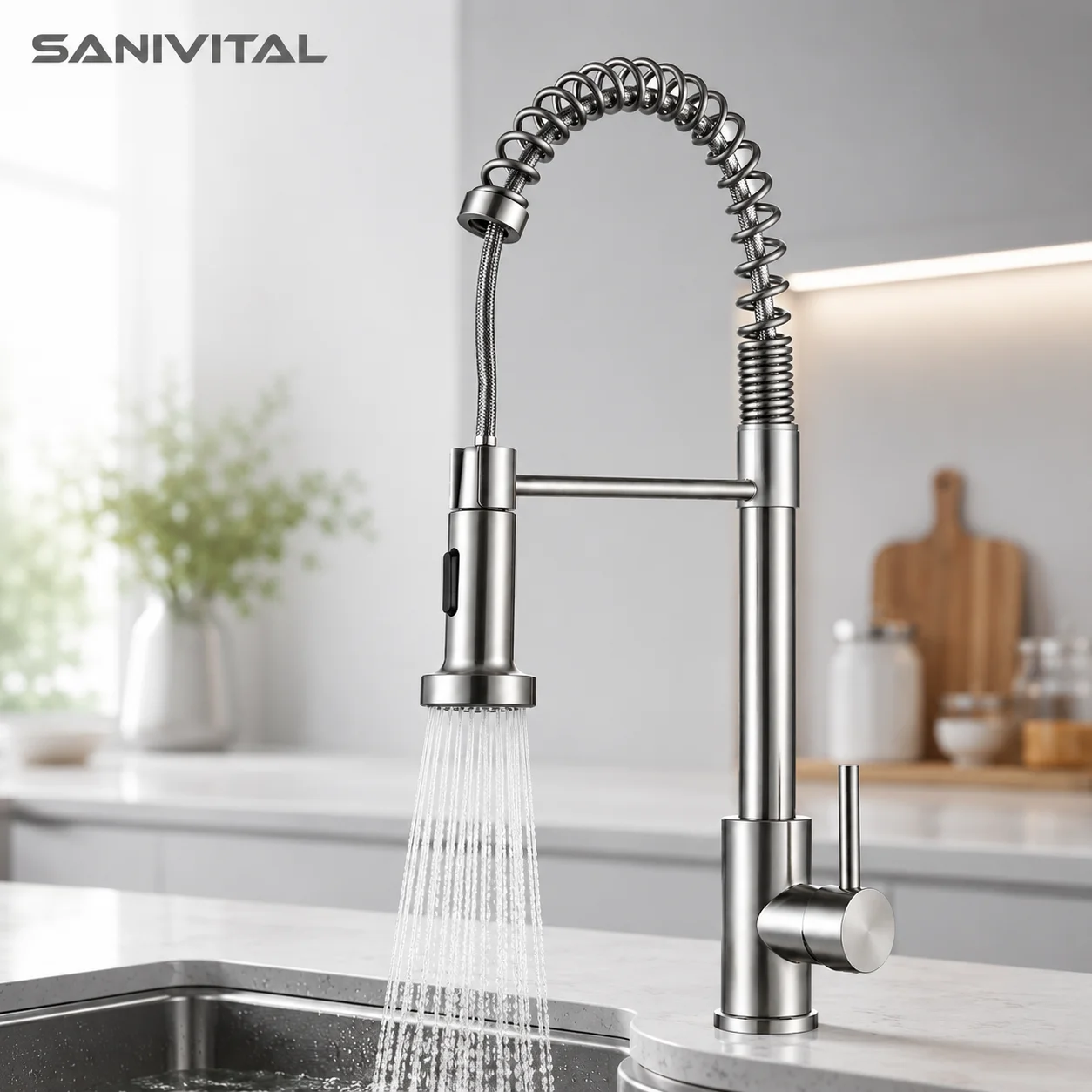

SANIVITAL Single Lever Deck Mounted Spring Kitchen Faucet Single Handle Hot Cold Taps Pull-Down for Hotel using