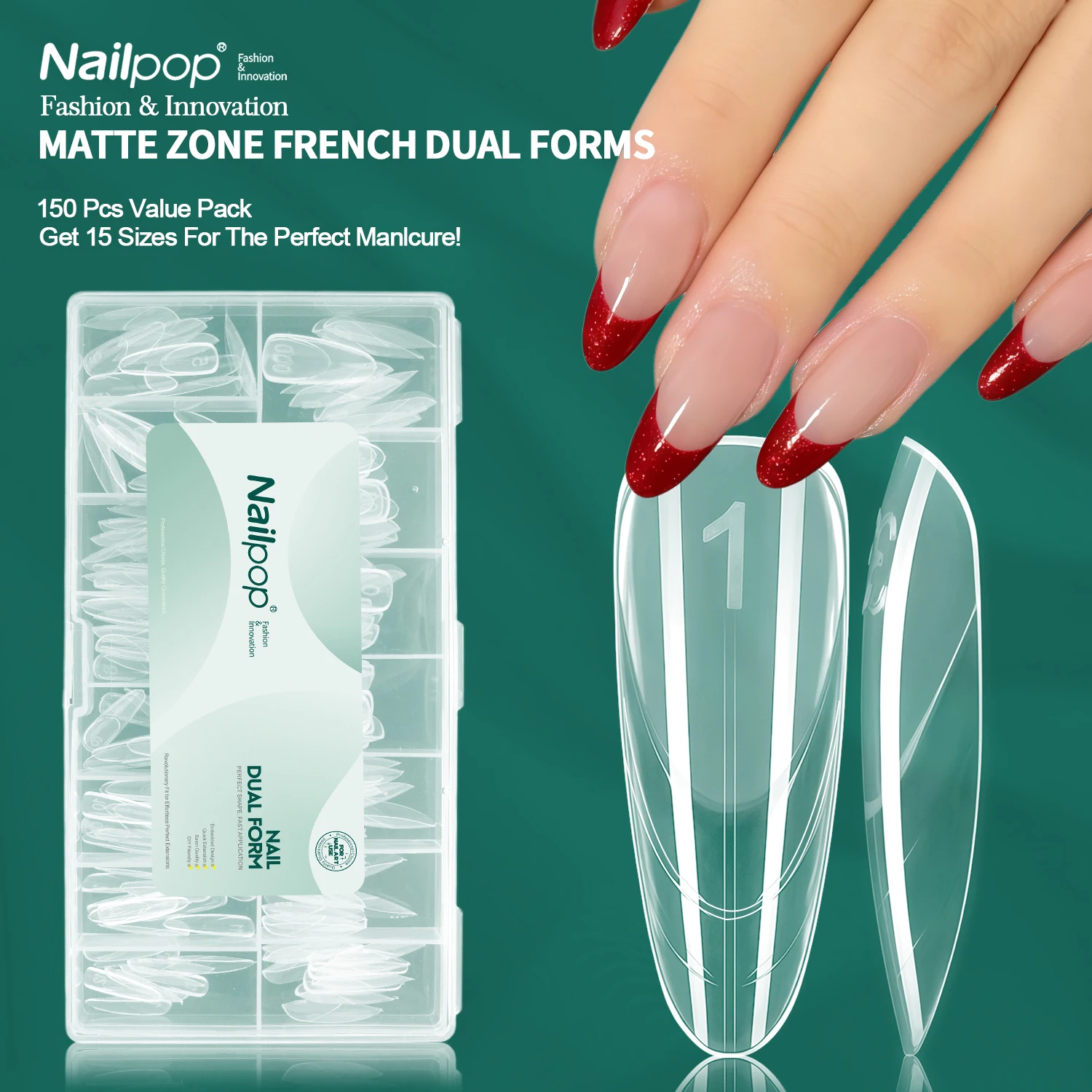 

Nailpop Nails Dual Forms Professional 150pcs Inner Matte French Ultra Tough Acrylic Gel Extension Nails French 15 Sizes Reusable