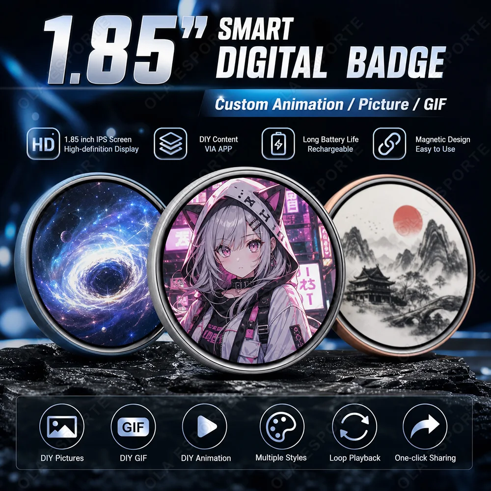 Anime Digital Badge, Anime Style Digital Pin with Photo, Video Display, HD Touchscreen E-Badge, for Party, Cosplay, Fandoms BW01