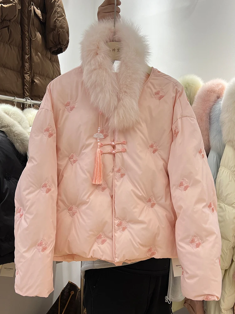 Winter new Chinese style scarf with fox fur down jacket women temperament embroidered elegant white duck down jacket
