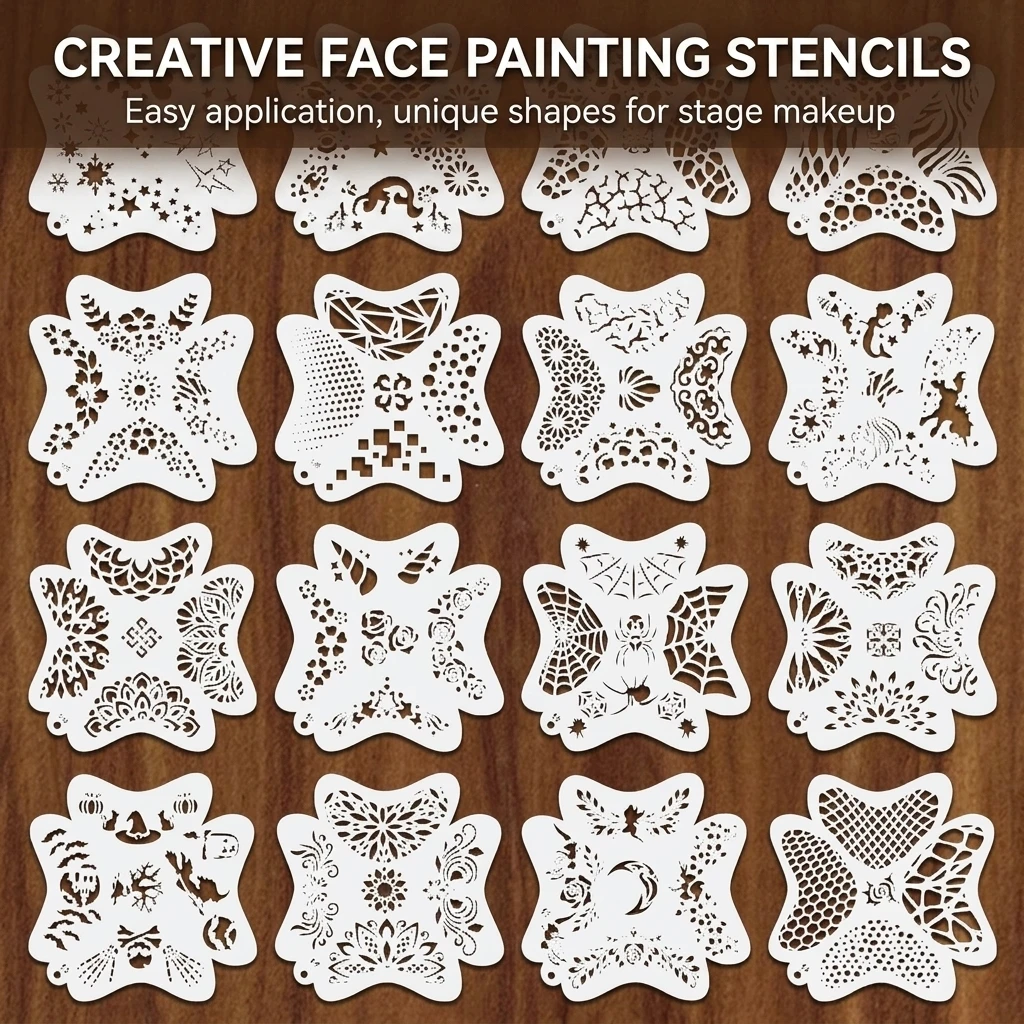 Face Painting Stencils 16pcs Four Sided Cutout Plastic Reusable Party Templates for Halloween Birthday Party School Performances