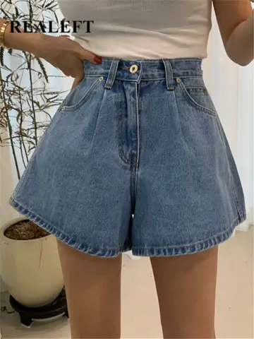 REALEFT 2024 새로운 하이 웨스트 워시 여성 데님 와이드 레그 반바지 여름 버튼 캐주얼 여성 청바지 바지 포켓