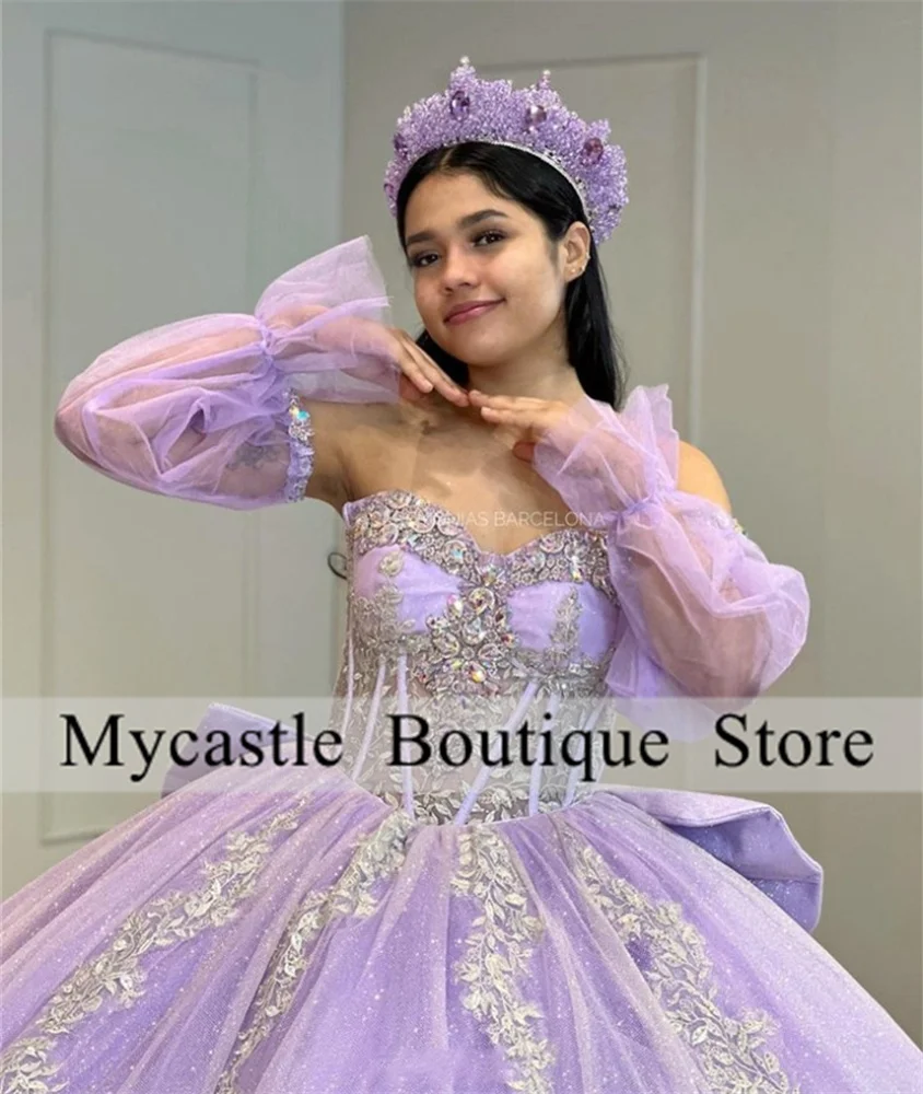 Elegant Light Purple Tulle Beaded Crystal Quinceanera Dress 2024 Long Sleeve Lace Appliques Sweet 16 Dress Birthday Party Dress