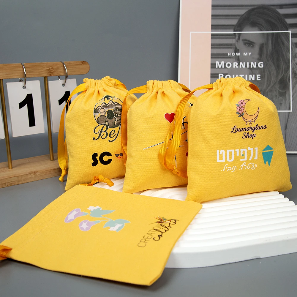 

Custom Logo 50Pcs Yellow Cotton Twill Drawstring Gift Bags Perfume Lipstick Jewelry Packing Bag Cotton Storage Wedding Dust Sack