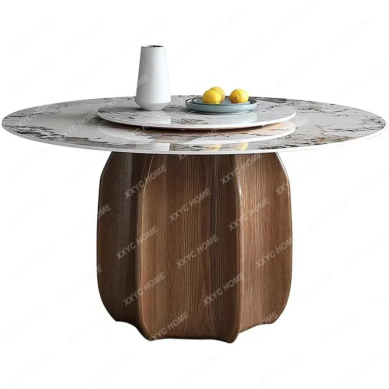 TT  bright luxury stone slate round dining table with turntable household