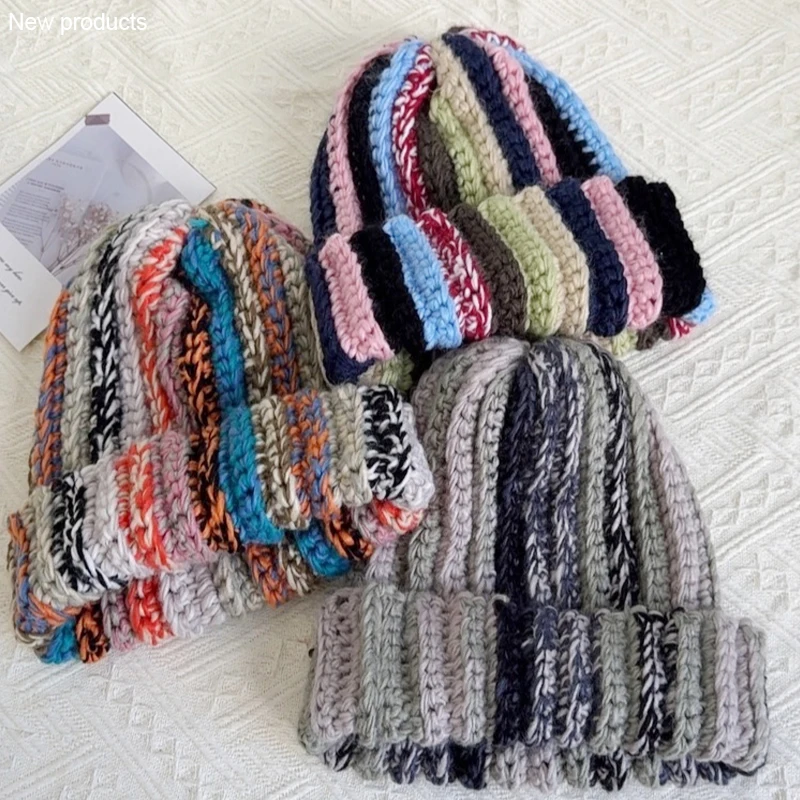 Color Striped Knitted Wool Hat Women Autumn Winter Warm Pullover Beanie Cap Plain Face Versatile Face Small Cold Stacking Hat