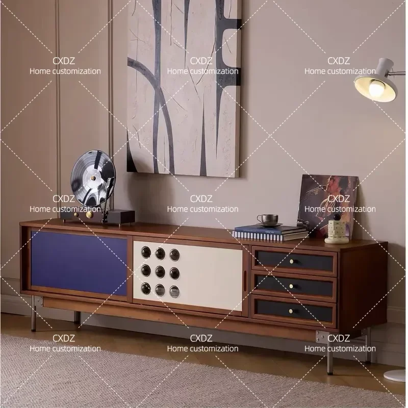Medieval Solid Wood TV Cabinet Small Apartment Living Room Locker Audio Visual Cabinet Double Color Storage Unit