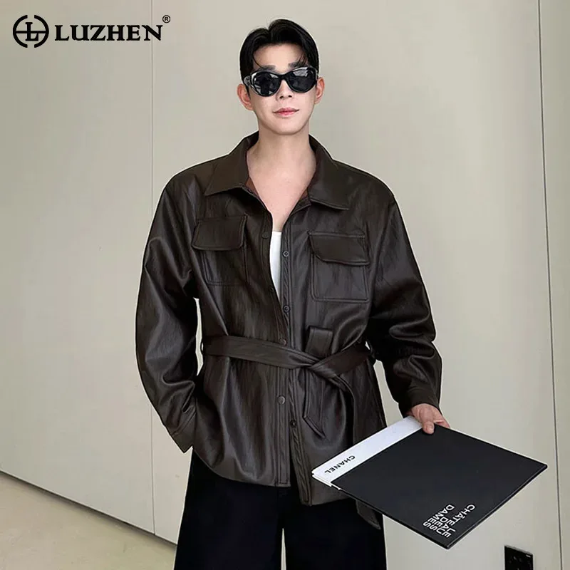 

LUZHEN 2025 New Solid Color Ribbon Tie Up Waist Decorate Pockets Elegant Windbreaker Coat Men's Fashion Leather Jacket JY4573