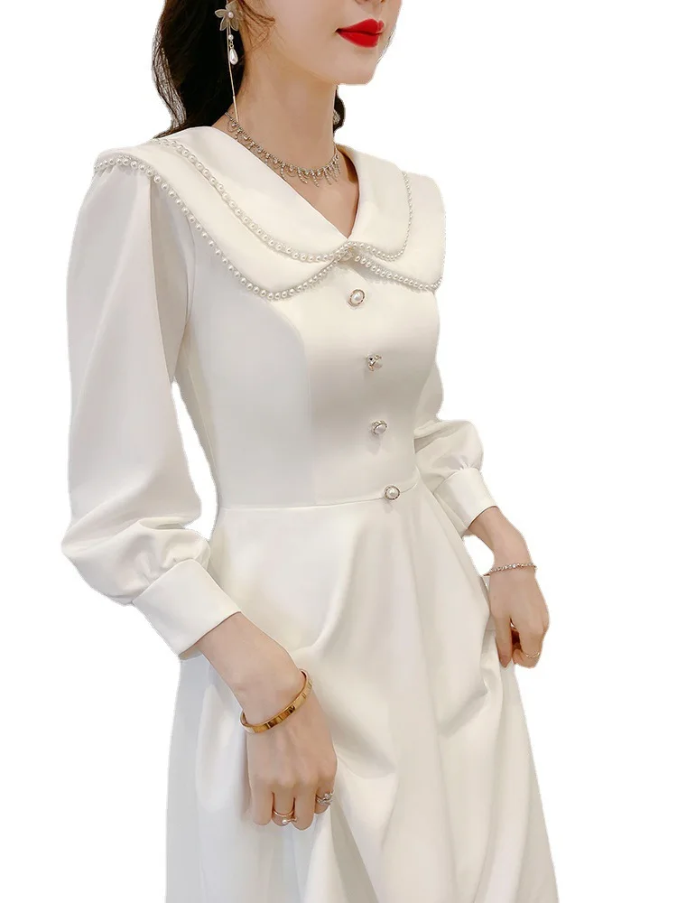 Simple White Bridesmaid Dress New Chic Pearls Collar Long Sleeve Party Gowns Female Elegant A-Line Long Vestidos