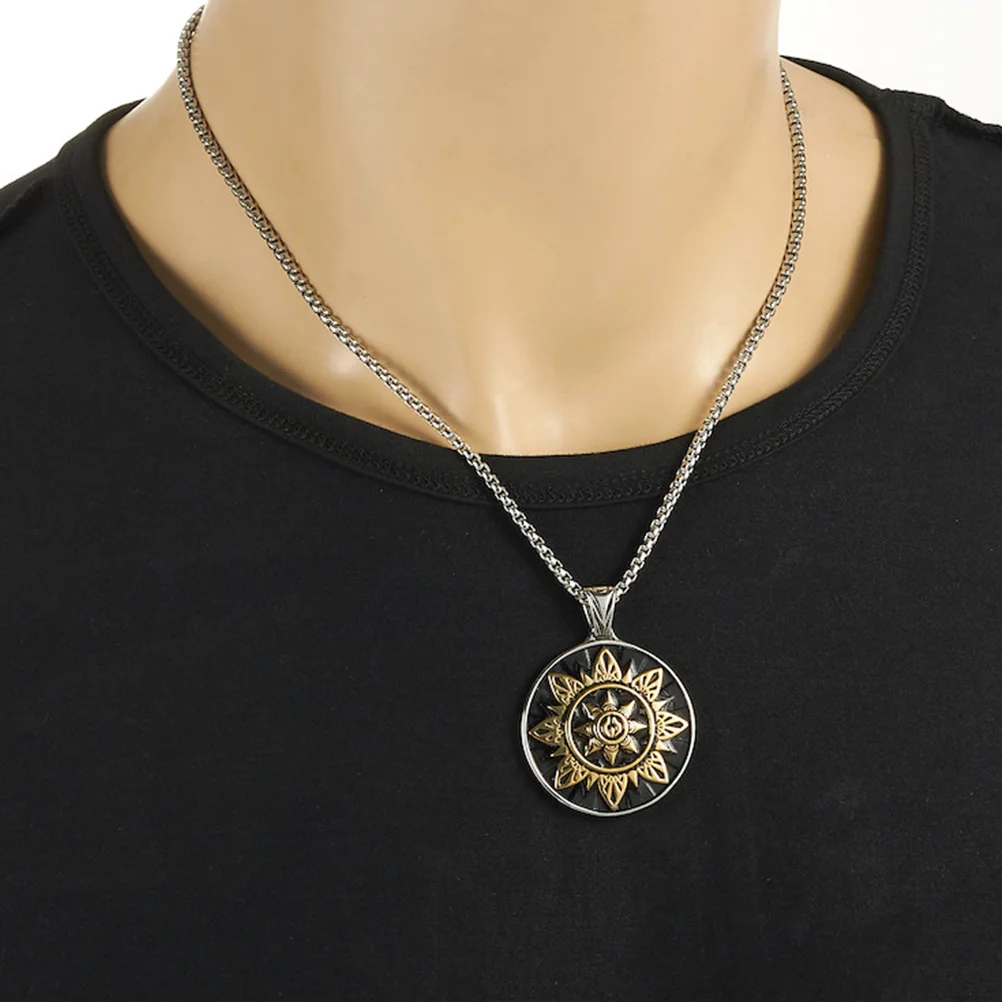 

1pc Stainless Steel Men's Retro Pendant Necklace Vintage Sunflower Design Durable Titanium Steel Collarbone Accessory for Men