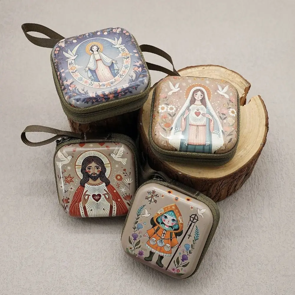 Tragbare Aufbewahrungstasche für Jungfrau Maria, Gebet, Rosenkranz, 7 x 7 cm, Cartoon-Schmuckschatulle mit Reißverschluss, elegantes christliches Geschenk, Devotees