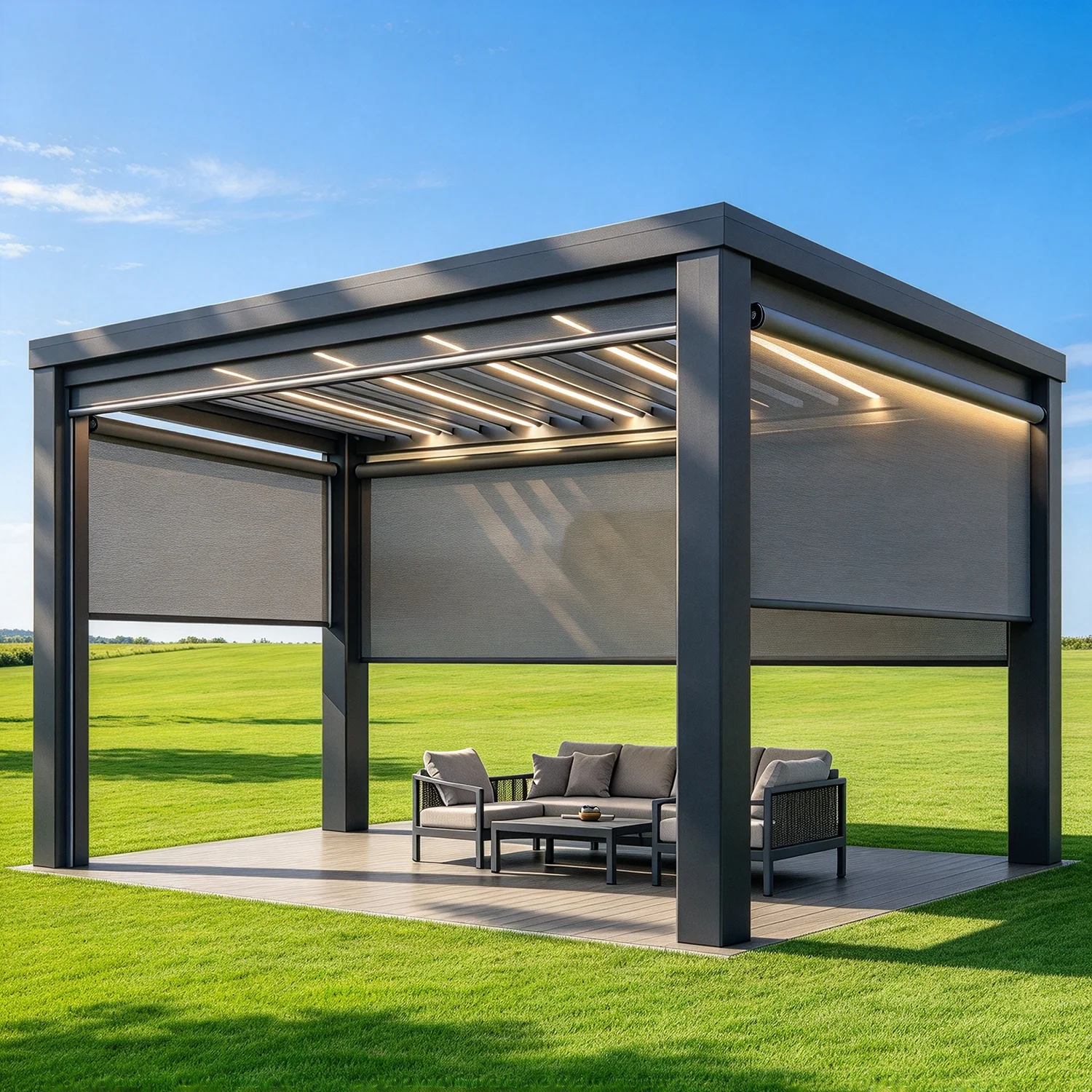 Motorized Pergola En Aluminum Bioclimatic Gazebo with LED Lights Louvered Roof Glass Sliding Doors Patio Gazebo Pergola