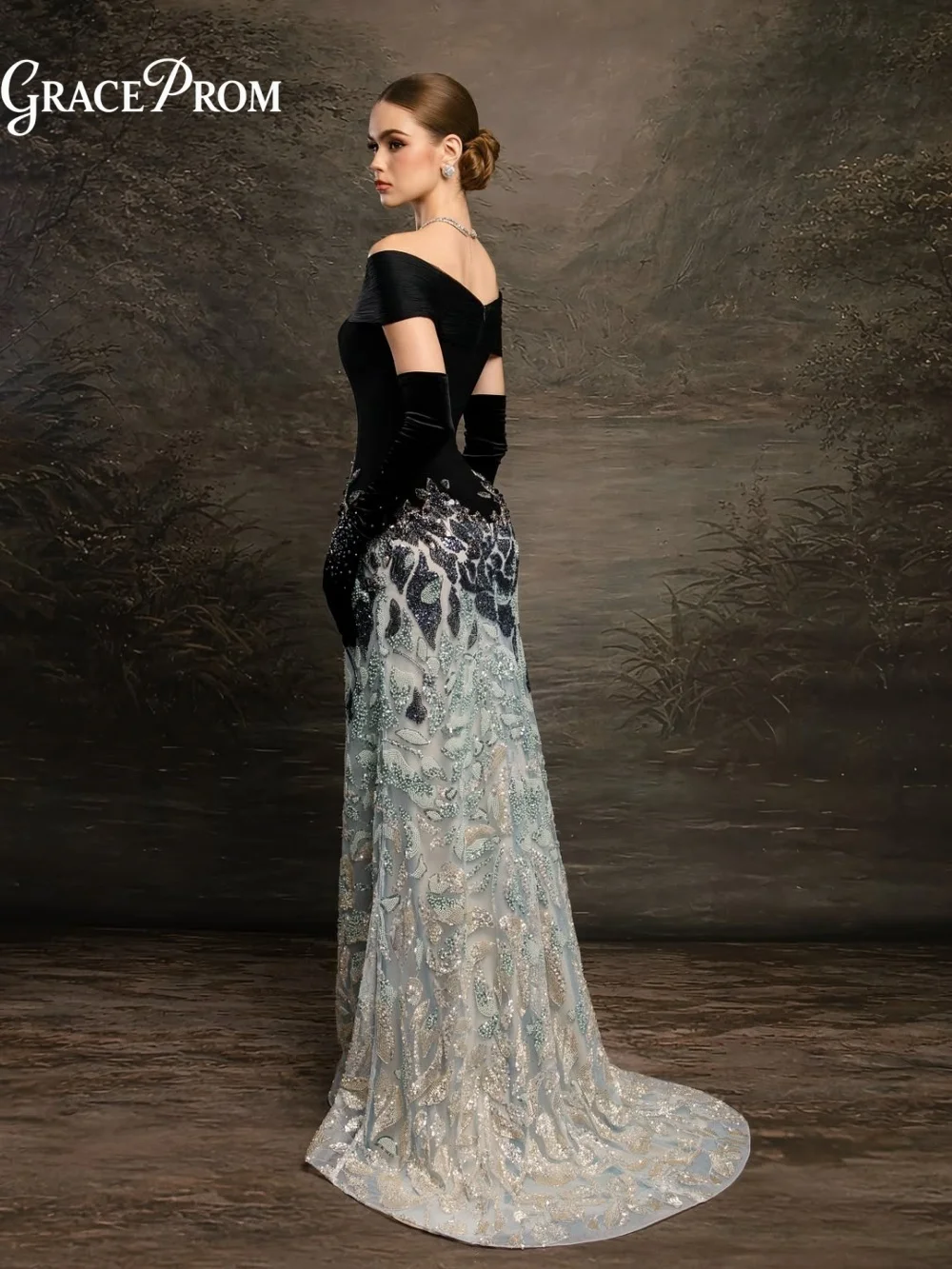 Timeless Off Shoulder Velvet Mermaid Evening Gown 2027 Gradient Beaded Formal Dress For Wedding Guest Luxury Crystal فساتين سهرة