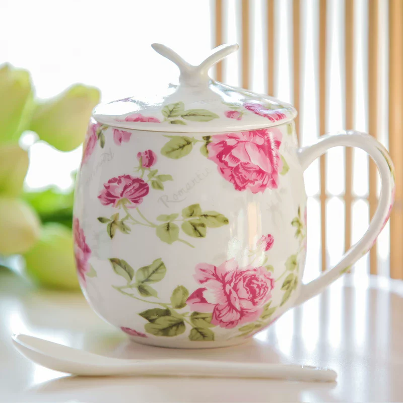 camellia painting, bone china personalized mugs, european cups mugs ceramic, pocelain coffee cup with lip and spoon, teacup