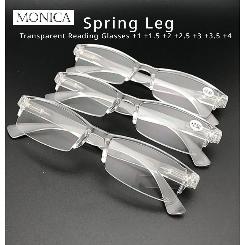 Fashion 908 Retro Spring Leg Strachable New Plexi Glass Transparent Reading Glasses +1 +1.5 +2 +2.5 +3 +3.5 +4