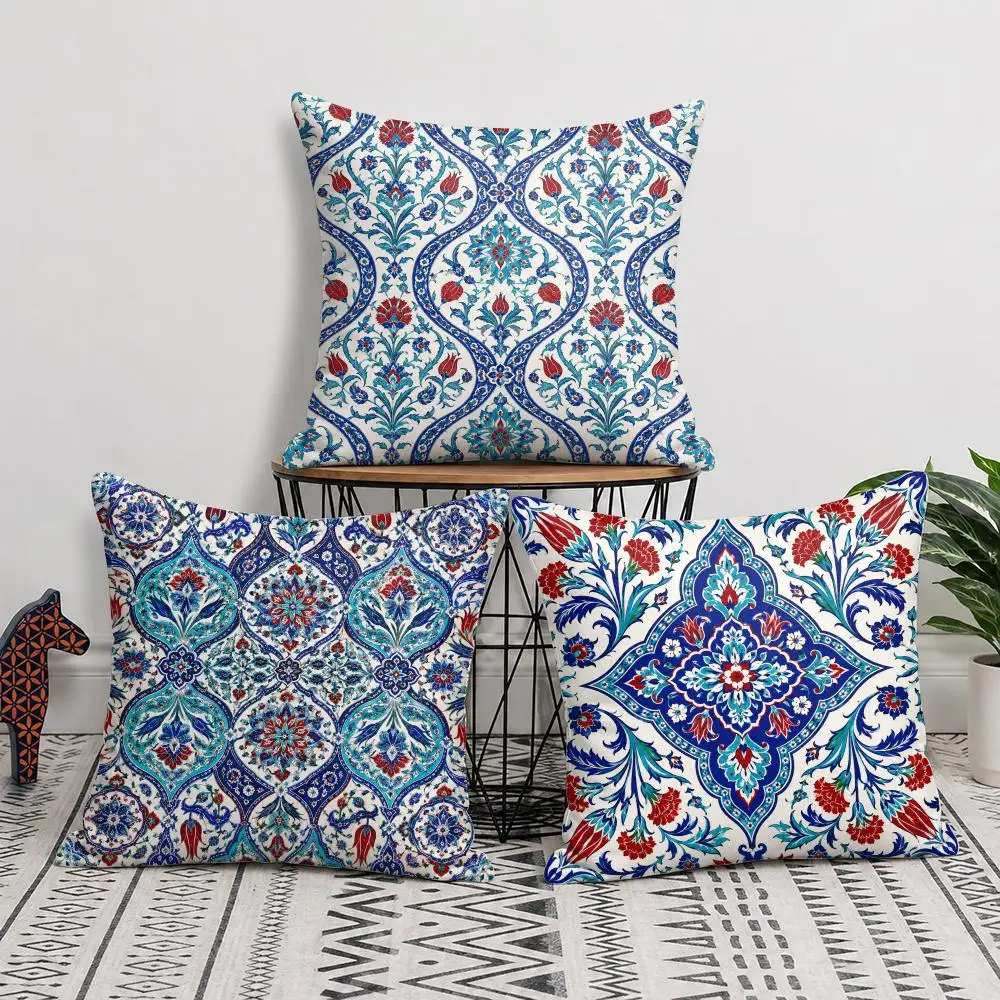 Blue Red Ottoman Ornamental Cushion Cover Short Plush Soft Double-Sided Printing Pillow Case Cozy Sofa Bedroom Home Decor Gift