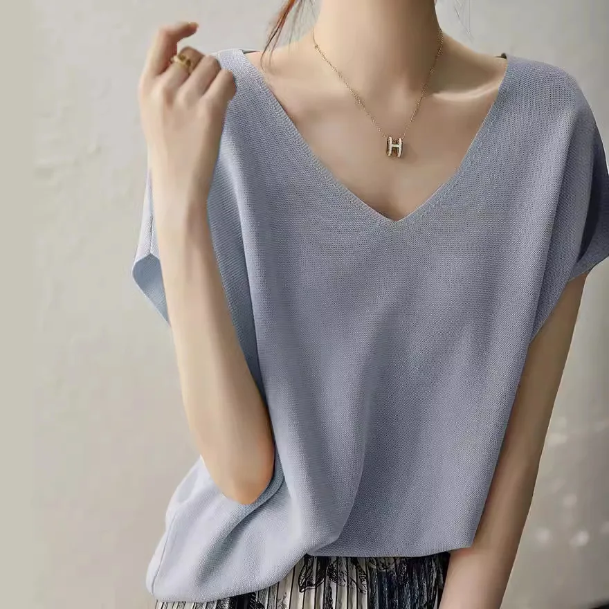 2025 Summer New Dry Acetate Cotton Purple Bat Sleeve Thin Ice Silk Fashion Slim Thin Foreign Knitted Sweater