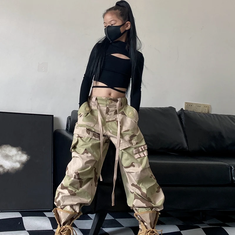 2024 Kids Clothing Black Crop Tops Camouflage Pants Streetwear Girls Group Jazz Modern Dance Costumes Hip Hop Clothes DQS15460