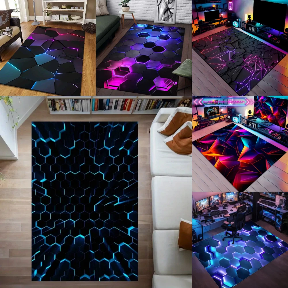 3D Geometric Cube Pattern Game Room Rug, Non-Slip E-Sport Floor Mat for Gaming Room, Teens Bedroom & Living Room Decor