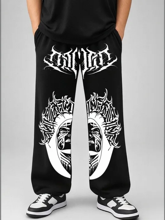 Men Deathmetal Font Split Portrait Print Wide Leg Pants, Dark Subculture Style, From Underground Gigs To Record Shops