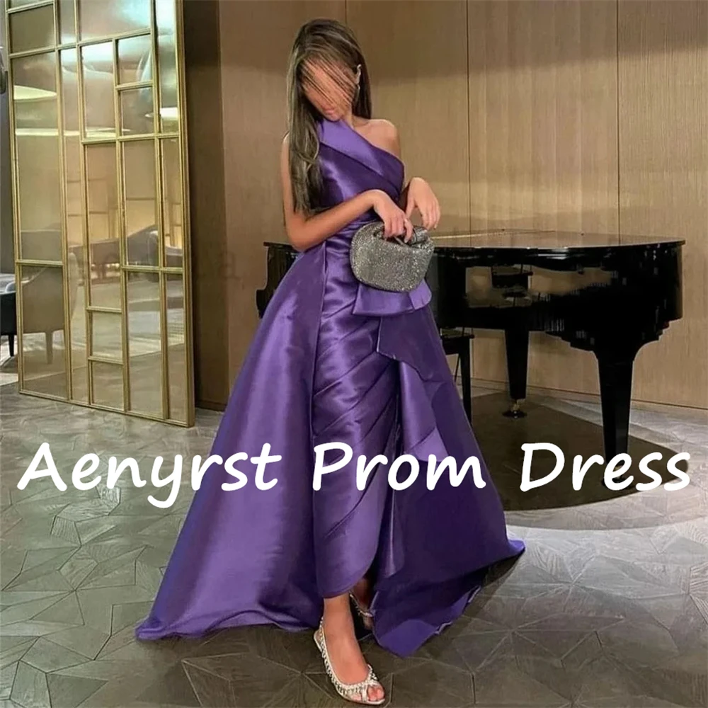 Aenyrst Grape Purple One Shoulder Prom Dresses Mermaid Satin Pleated Cocktail Gowns Sweep Train Party Dress Long فساتين السهرة