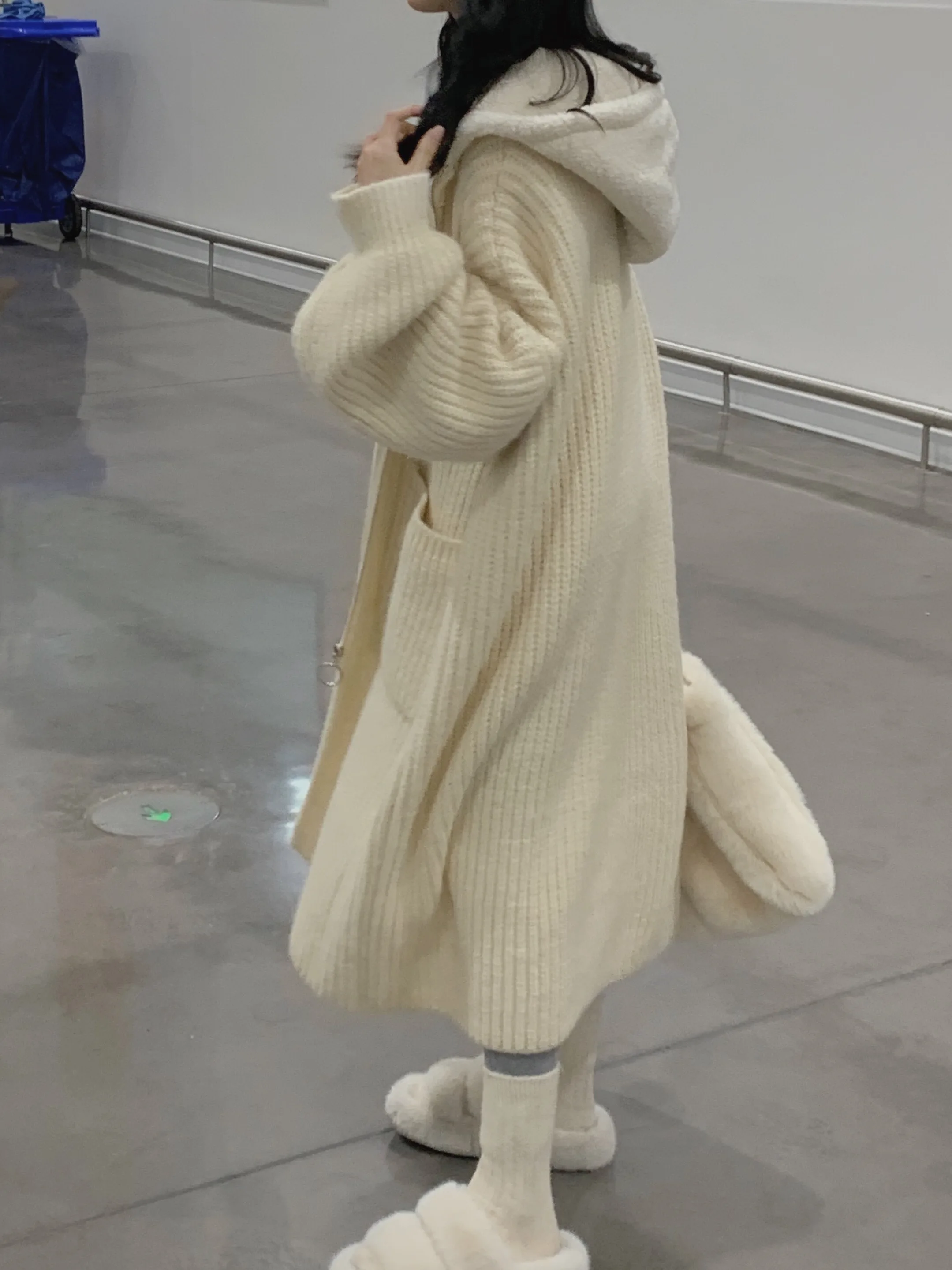 

Korean Sle Thiened Long Hooded Sweater Cardigan Women's Lazy Salt Series Lamb Fur Splicing Outerwear Commute Faion