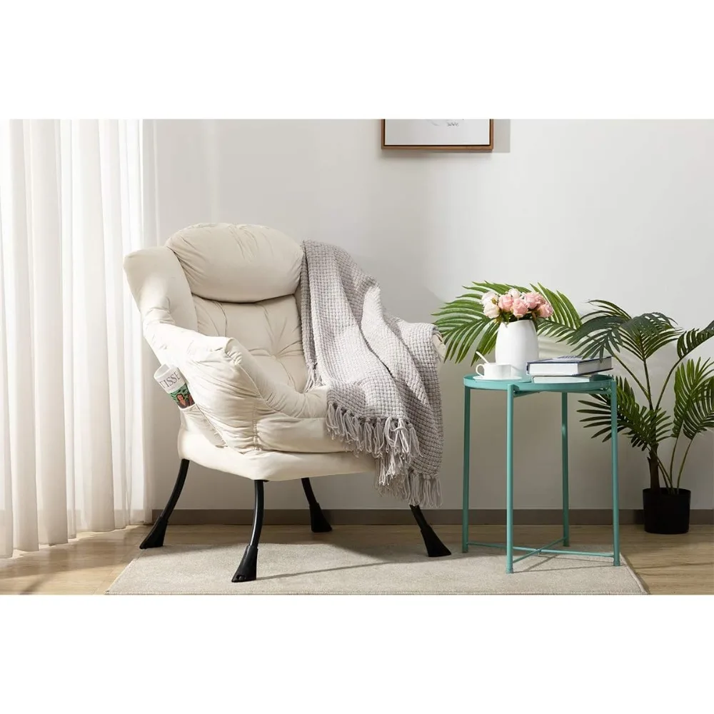 كرسي كسول كبير من القماش الحديث باللون البيج، كرسي قراءة مريح كبير الحجم، كرسي صالة مريح مبطن سميك مع مسند للذراعين - جديد #4