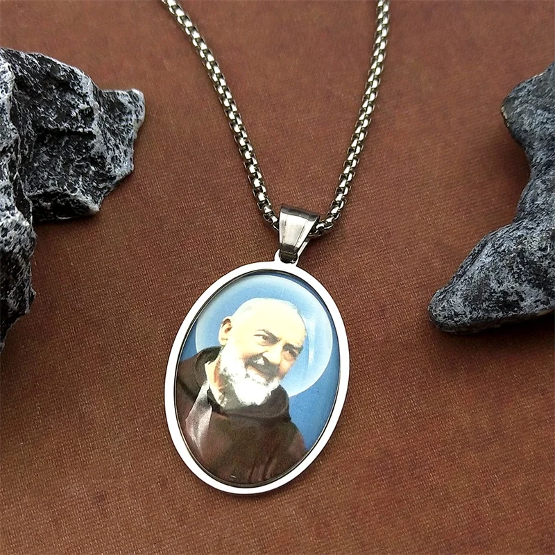 الكاثوليكية بادري بيو سانت الأب ميدالية قلادة قلادة للنساء الرجال الفولاذ المقاوم للصدأ الذهب اللون الدينية تميمة مجوهرات هدية #1