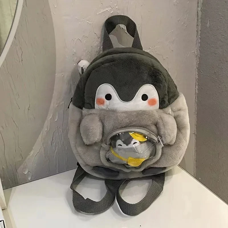 Mochila de pingüino de peluche de muñeca de dibujos animados, monedero transparente portátil para dama, niñas, regalo para niños al aire libre