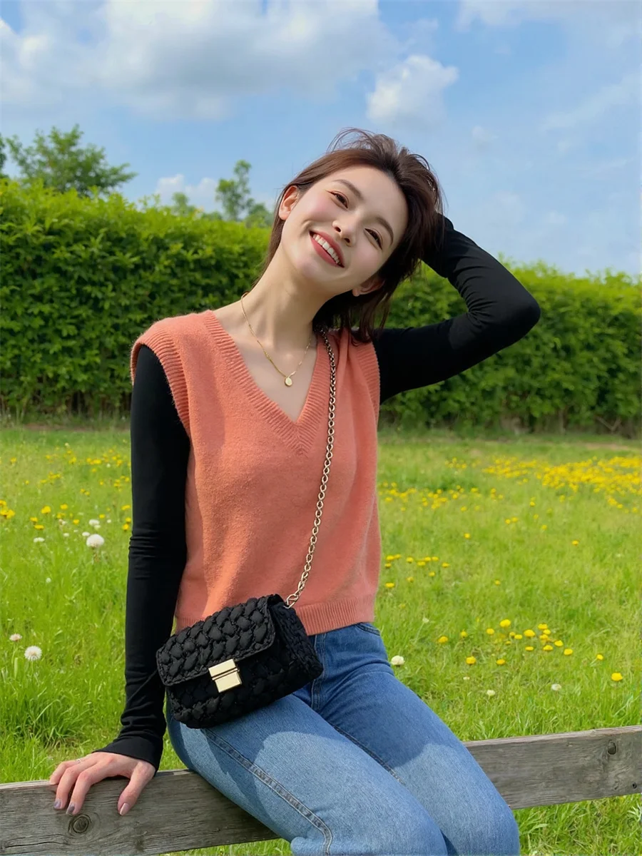 

Women'S Sweater Vests Clothing Knitted Loose-Fit All-Match Houndstooth Pattern Sleeveless Buttons Casual Fashion Simple Ladies