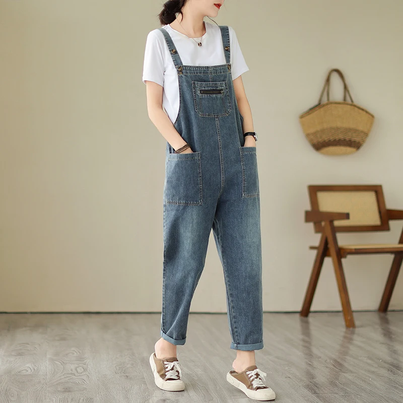 Классические синие джинсовые комбинезоны, женские весенне-осенние повседневные шаровары с высокой талией, свободные прямые брюки до щиколотки