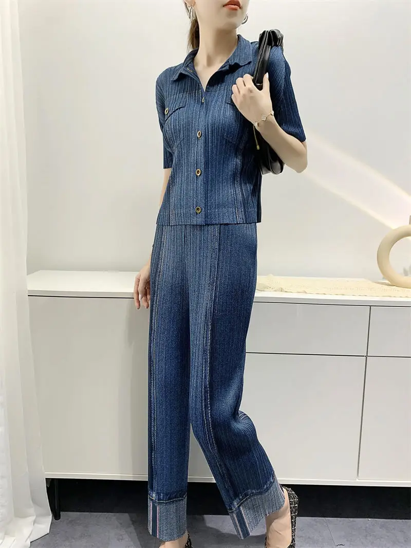 ALSEY Miyake Pleated Denim Suit Autumn New Short Sleeves Coat + High Waist Casual Pants Fashion Two-Piece Suit Female Clothings