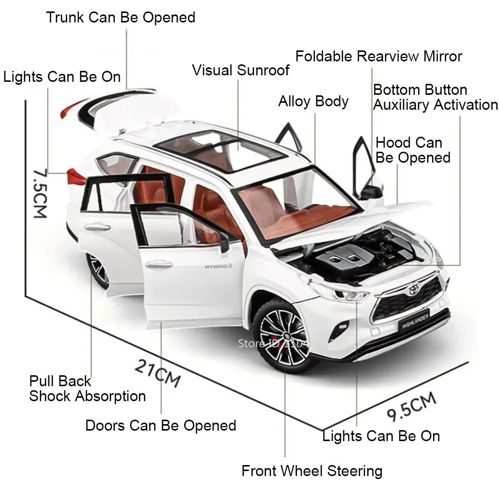 1:24 Highlander RAV4 Model Toys Diecast Car 6 Doors Opened with Sound Light Pull Back Miniature Vehices for Boy's Birthday Gifts