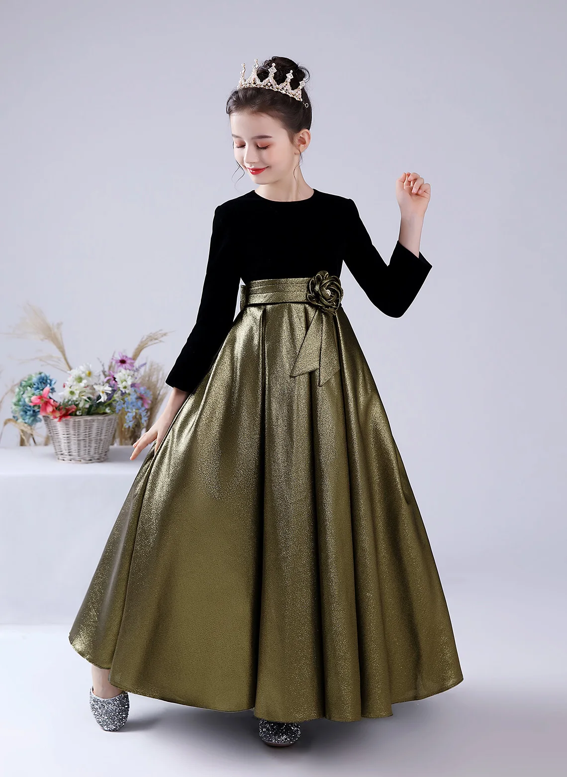 Flower Girl Dress Wedding Bridesmaid Pageant Gown Long Sleeve for Birthday Party Black and Gold