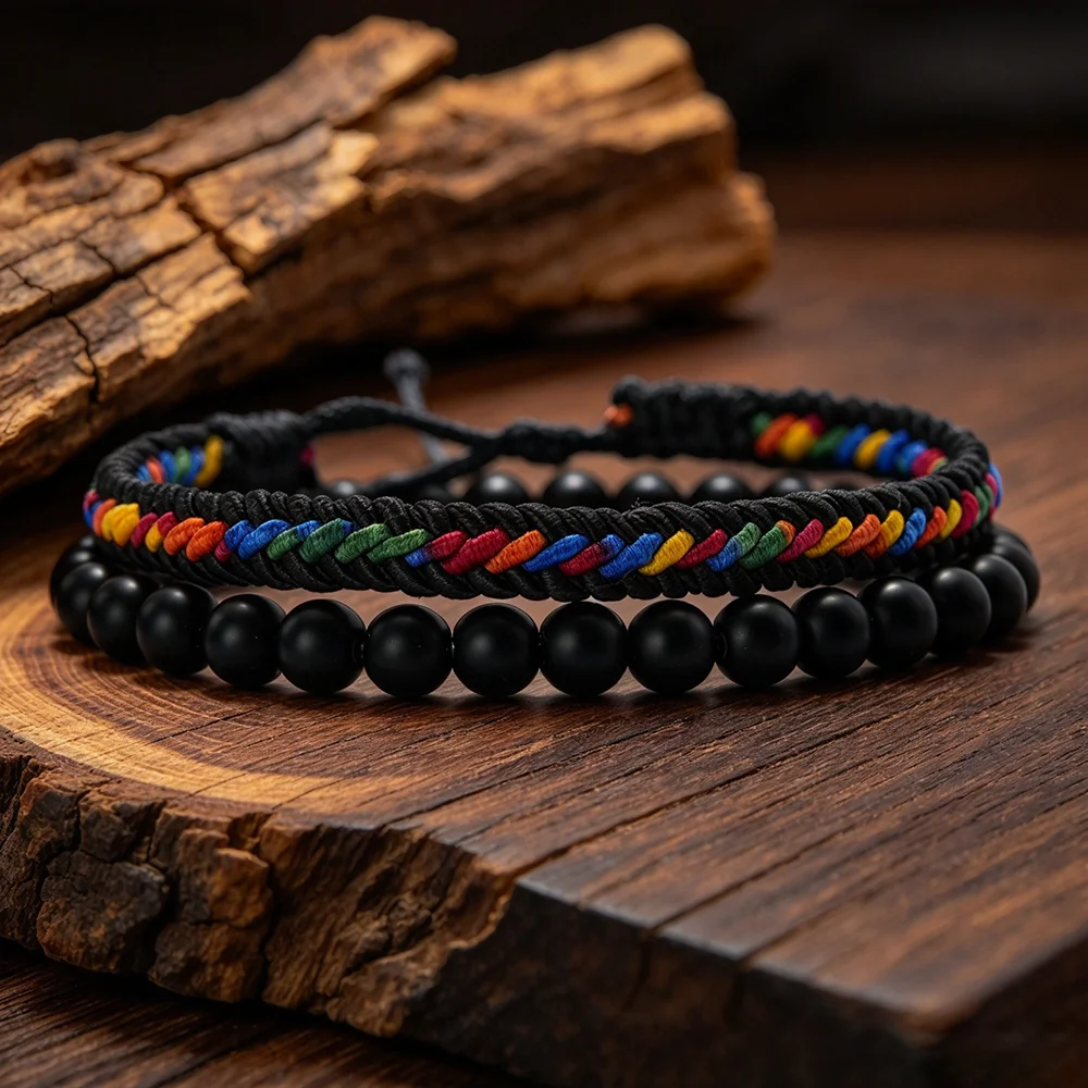 2Pcs/Set Ethnic Style Handmade Bracelet Unisex 2 Sizes Adjustable Braided Rope Black Matte Elastic Braslet Leisure Daily Jewelry