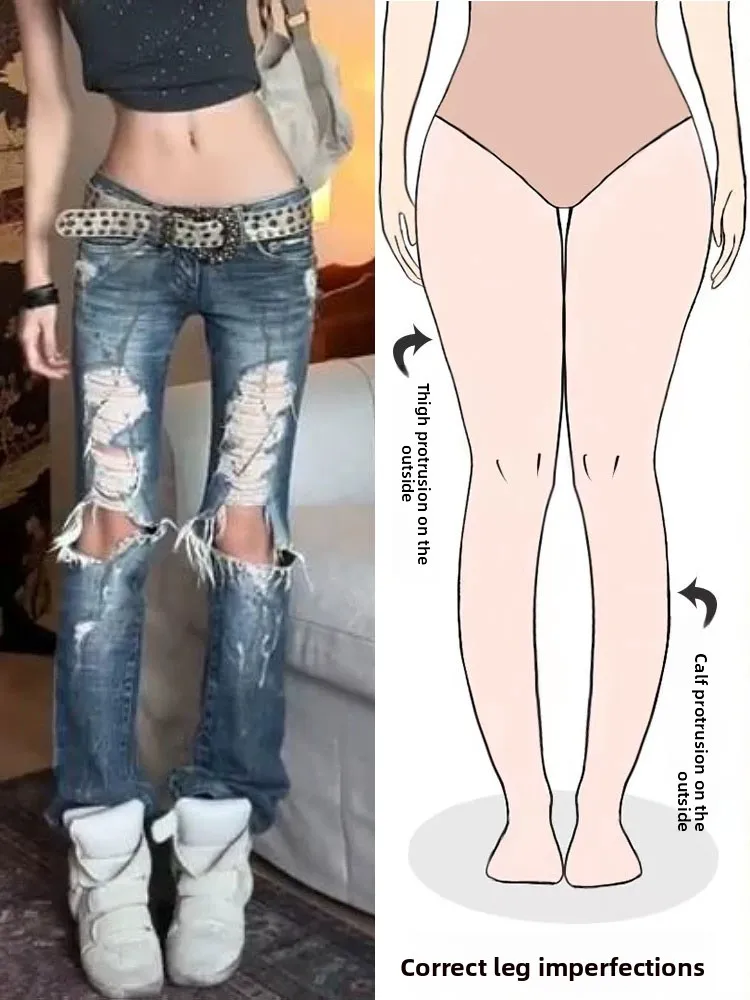 

Женские джинсы с низкой талией, рваные, облегающие, длинные, для весны и лета, повседневные, в уличном стиле, для фигуры типа «груша»