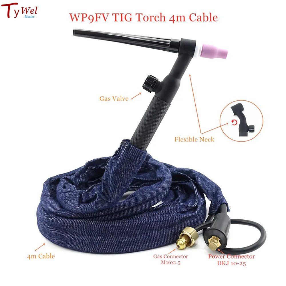 WP9FV TIG Torch 4m 13ft Gas Tungsten Arc Welding Torch WP9 Argon Air Cooled Flexible Neck Gas Valve TIG Welding Torch