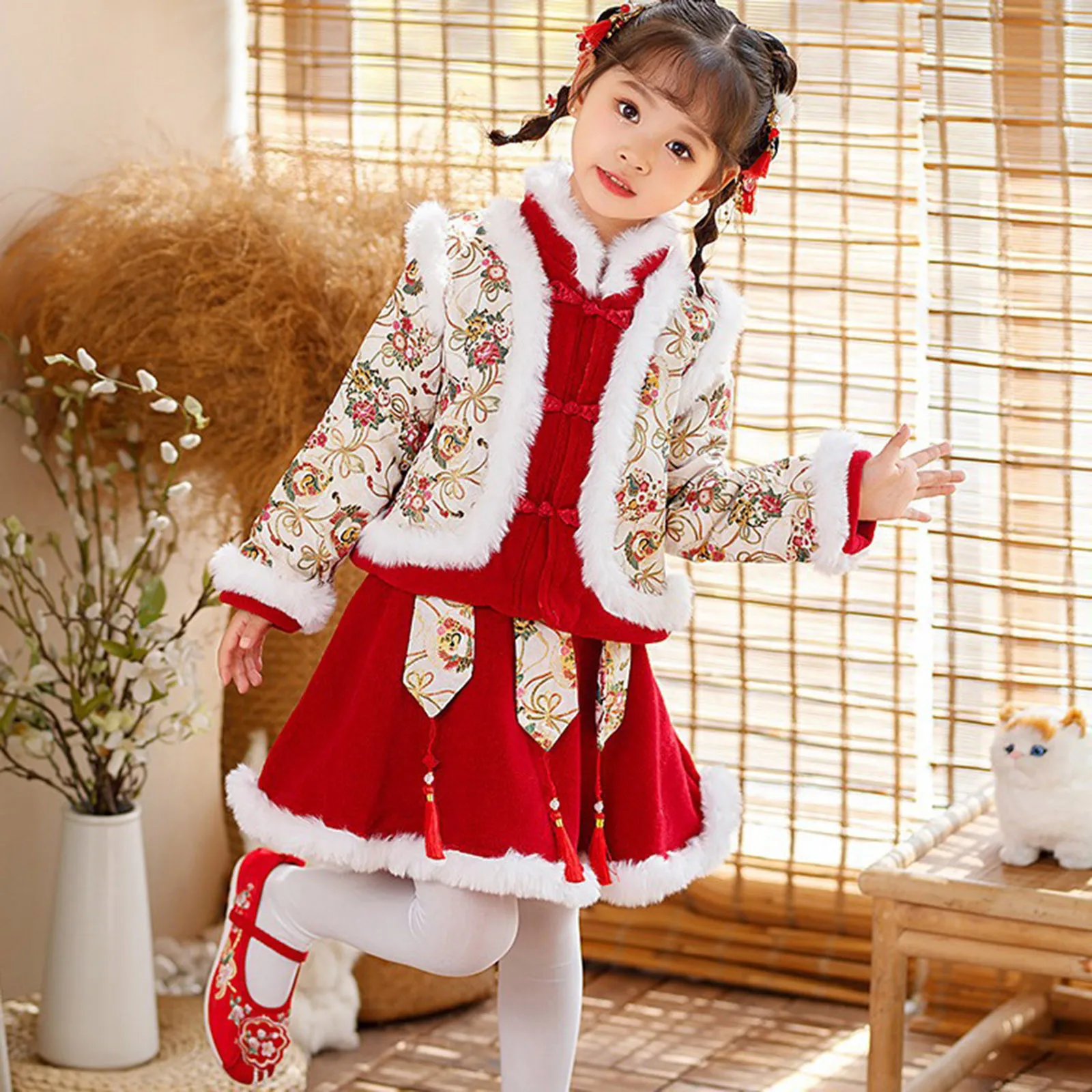 Hanfu Baby Girls Winter Clothes New Year Children\'s Chinese Traditional Style Girl Coat+Fleece Lined Dresses Velvet Tang Suits