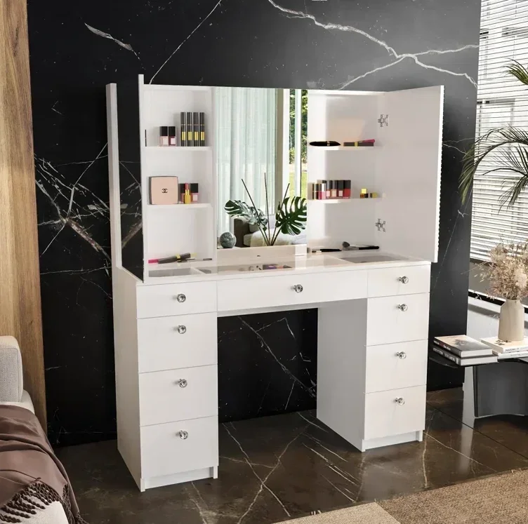 # Glass Top Dressing Table Vanity Cabinet Stunning White Modern Makeup Vanities Desk With 9 Drawers And Crystal Ball Knobs #