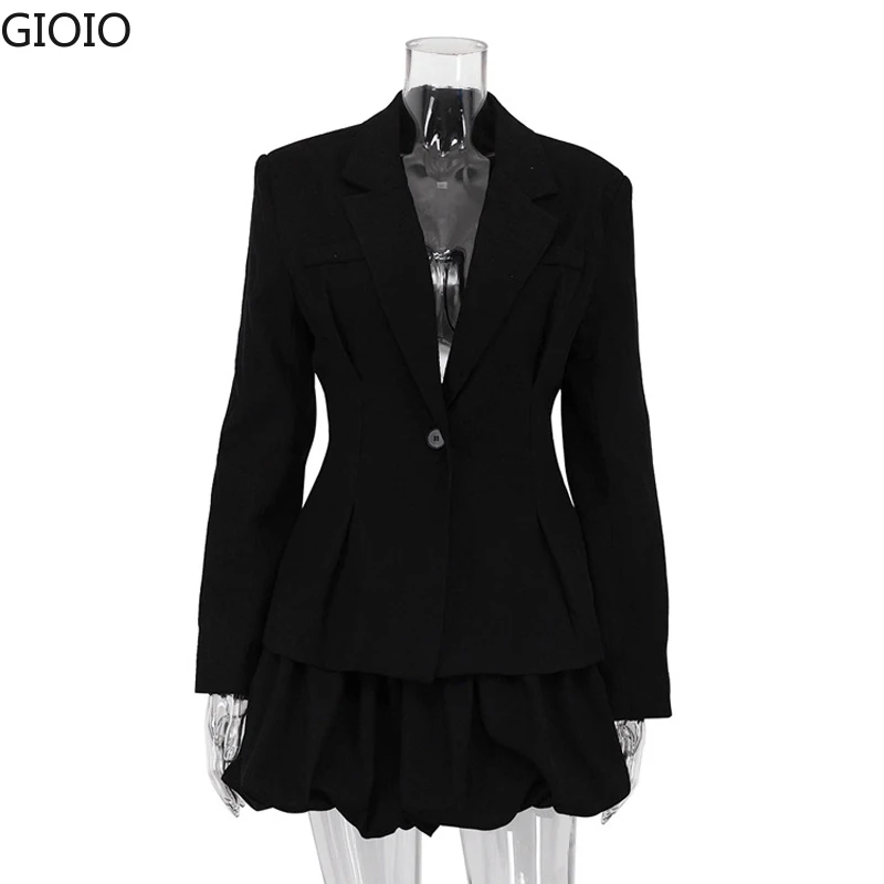 

Elegant Office Two Piece Women Brazer Outerwear Sets 2026 Spring Fashion Notched Long Sleeve Jacket and Pleated Bud Skirt Outfit