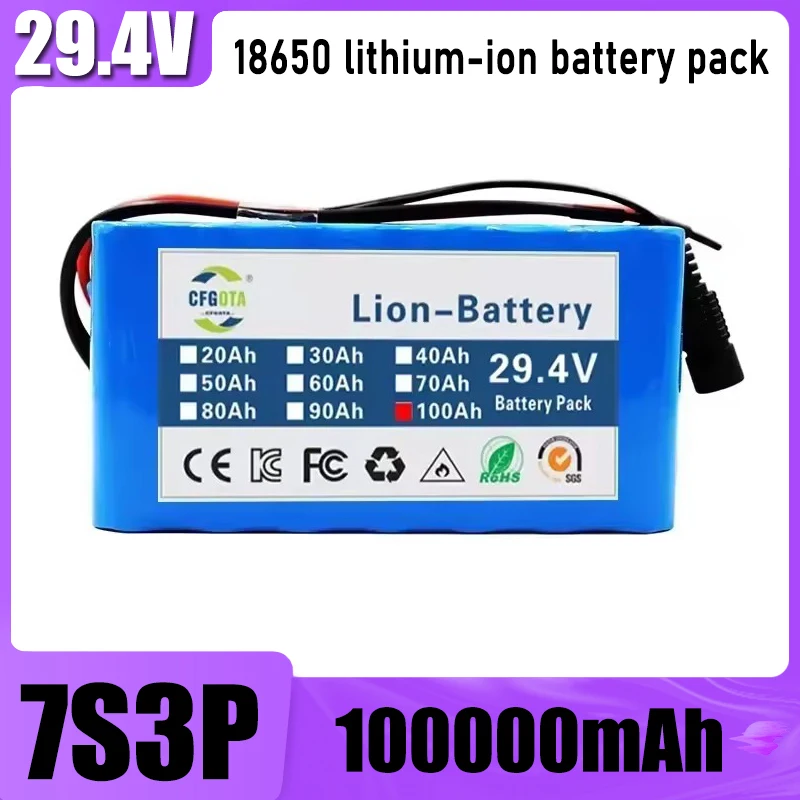 7S3P battery pack 18650 lithium-ion battery pack, built-in BMS, 24V 100Ah large capacity, suitable for 250W-350W motors