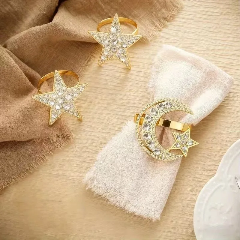1-24PC Ramadan Festival Moon and Star Napkin Rings Elegant Metal Table Decor with Rhinestone Star and Moon for Holiday Occasions