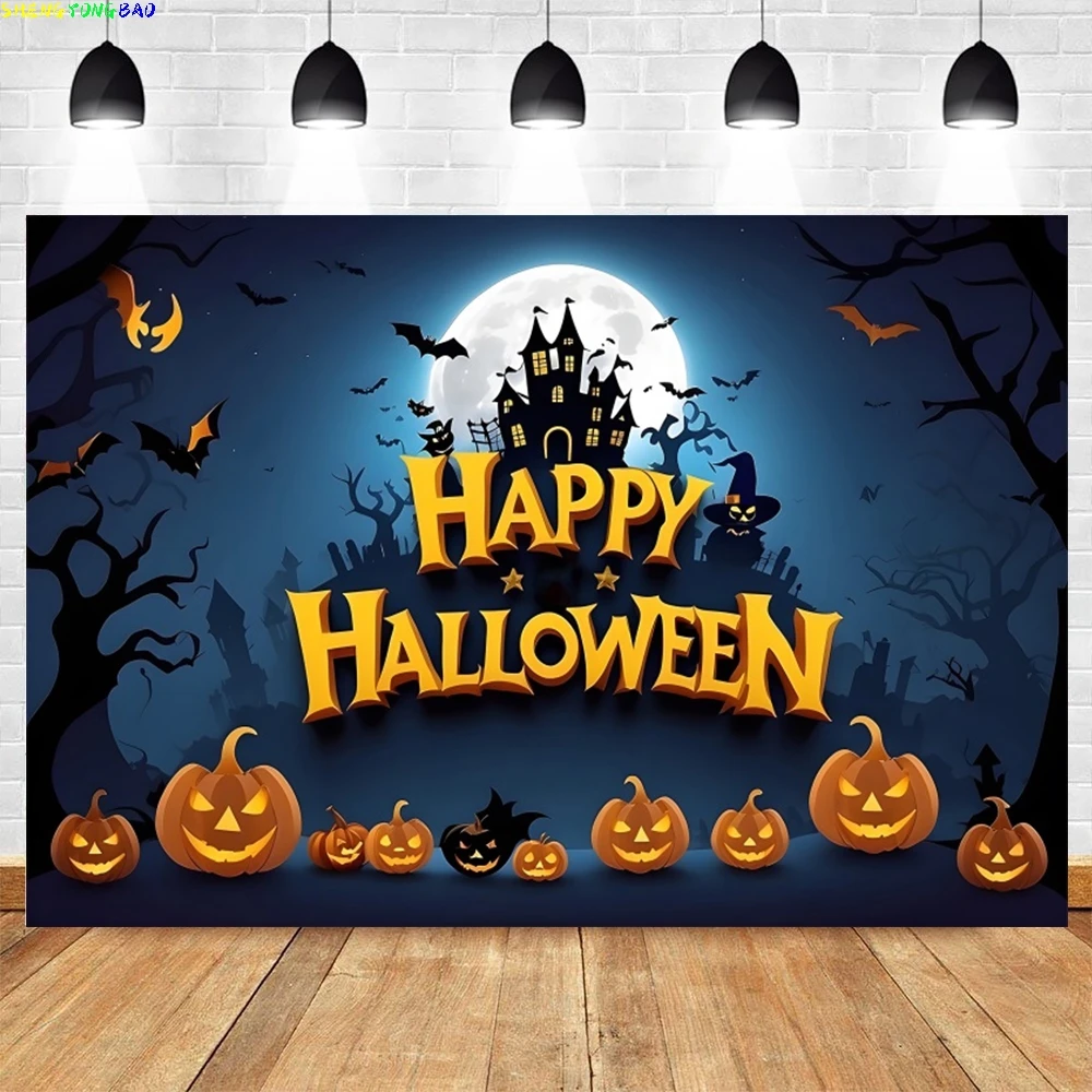 Happy Halloween Backdrop Horror Castle Full Moon Scary Night Halloween Background Skeleton Pumpkin Kids Cosplay Supplies Banner