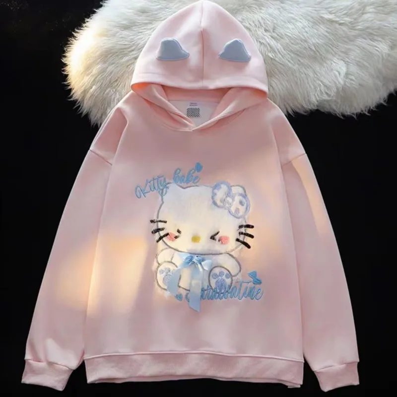 Miniso Hellokitty Y2k Plush Decor Hoodies Kawaii Ears Fleece Hooded Sweatshirt Cute Kitty Loose Pullovers Loose Hoodie For Women