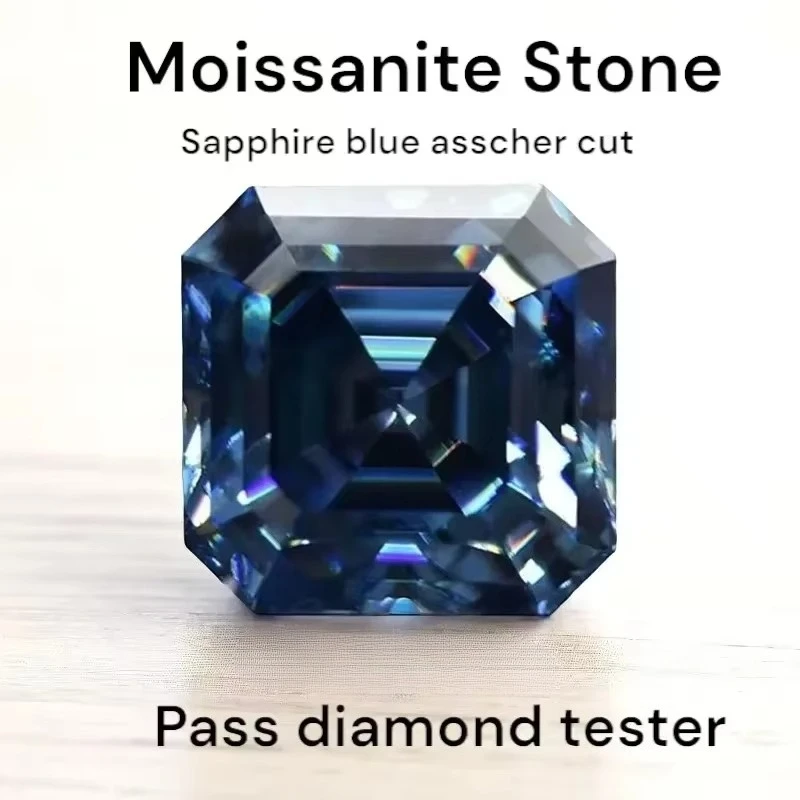 Neuer Hochwertiger Moissanit-Stein Asscher-Schliff Saphirblau Verfügbar mit Zertifikat Besteht Diamanttester Edelsteine – Detail 1