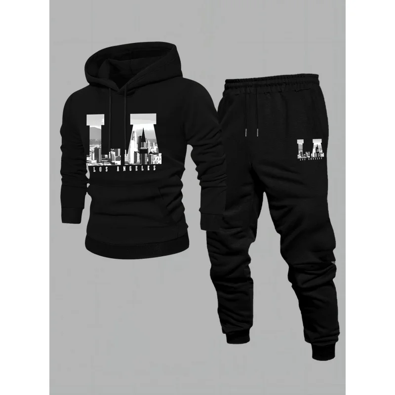 

Men'S Casual Style Los Angeles Printed Sweatshirt And Pants Casual Set， Breathable And Soft Polyester，Outdoor Sportswear，