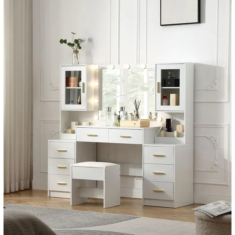 

OREST GRAVITY 58.3'' Large Vanity with olding Up Mirror and Lights,Makeup Vanity Desk with Mirror and Lights,Outlet, Chair and T