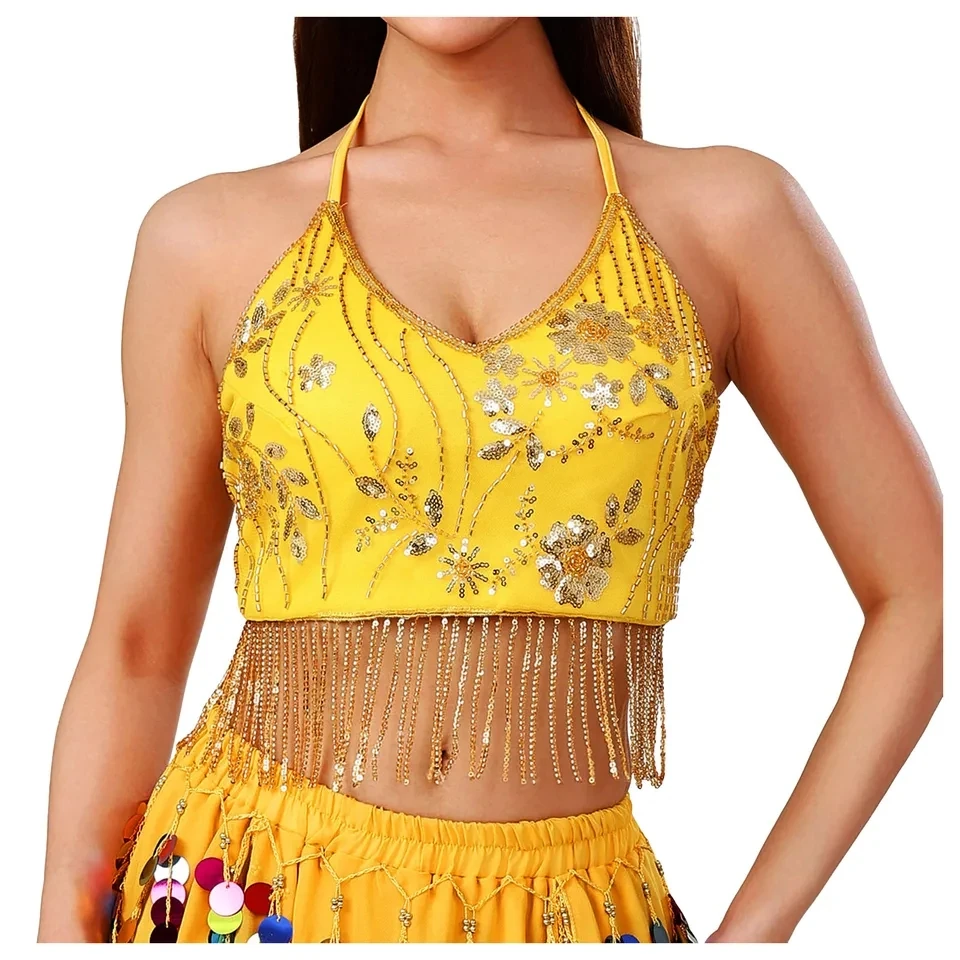 

Womens Belly Dance Bra Top Halter Sleeveless Vest Shiny Sequin Fringe Crop Top Stage Performance Costume Festival Party Clubwear