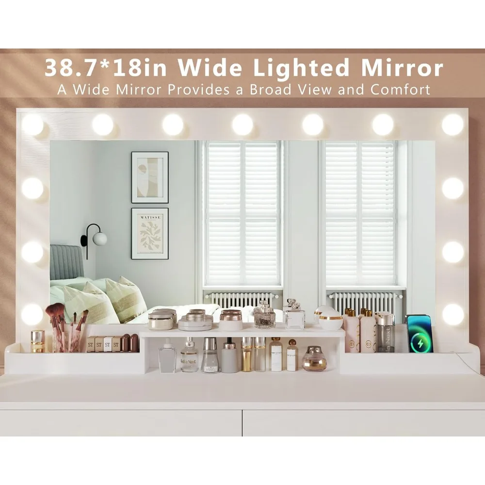 Makeup Vanity Desk Lights, Vanity Desk Large Mirror, White Vanity Outlets Large Drawers & Storage, 3 Lighting Color Adjustable