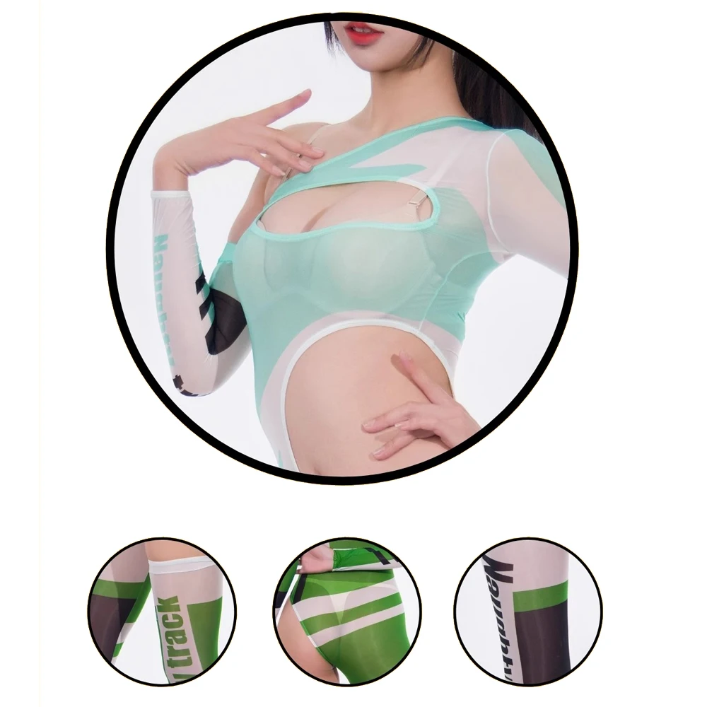 Women's Sexy Cool See through Ultra-Thin Bodysuit Single-Shoulder Long Sleeve Fashion Jumpsuit Gloves Stockings Clubwear Catsuit
